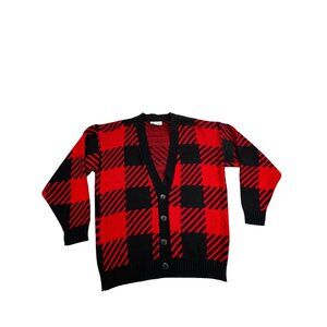 Vintage Cabin Creek Womens Medium Red Black Plaid Cardigan Sweater Checkerboard